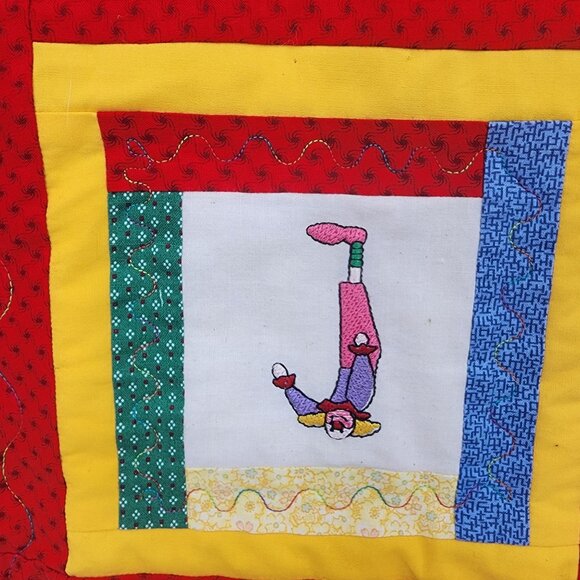 Handmade Embroidered Alphabet Quilt 45x54 Colorful Clown Theme Nursery Blanket - Picture 2 of 6